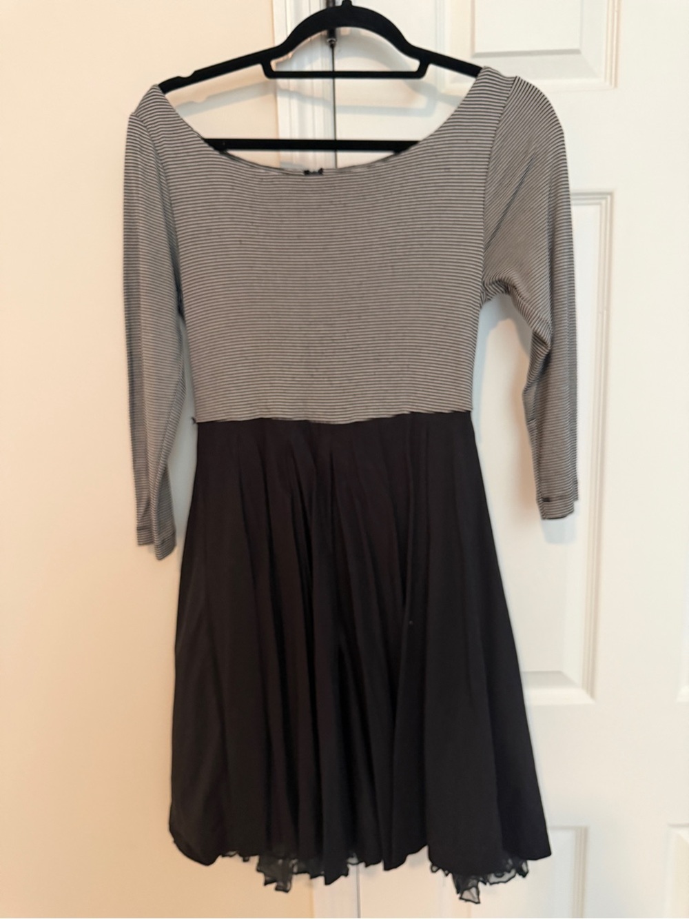 Alice + Olivia Black Skater Dress with Striped Bodice and Three-Quarter Sleeves